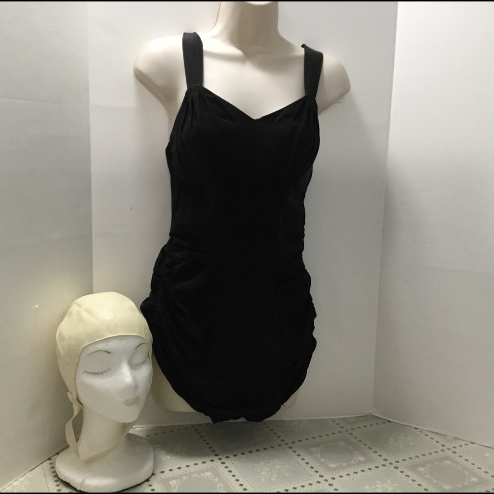 Vintage  1950’s ladies black bathing suit & cap